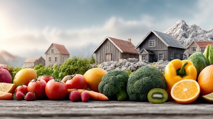 Fresh fruits and vegetables on a wooden surface against a backdrop of village houses and mountains. Naturalness and rural idyll.