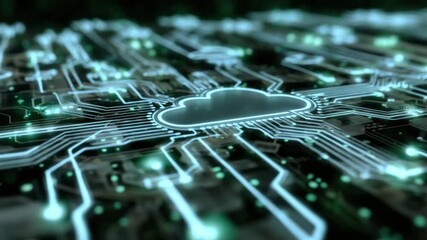 Illuminated cloud icon integrated into a circuit board with glowing lines, data - Powered by Adobe