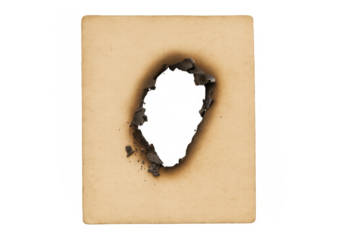 Old paper page with a charred, burnt hole creating a frame, showing damage and destruction, transparent background