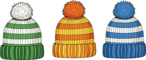 Colorful knitted winter hats with pom-poms, striped design, cozy seasonal fashion accessories, vector illustration for cold weather apparel themes.