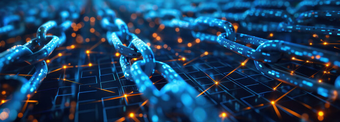 Interconnected Digital Chains: A futuristic, close-up view of intricately linked digital chains, glowing with electric blue and illuminated connectors, representing the complex web of the future.