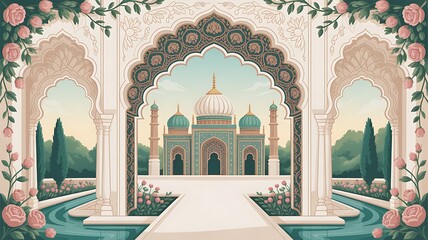 Mughal garden lake with swan, lotus flower, peacock, palace, tree illustration for wedding invitation seamless pattern