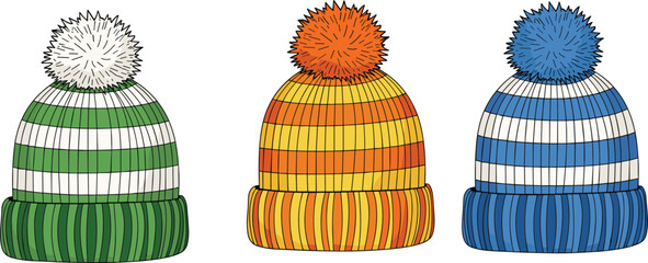 Colorful Knitted Winter Hats with Pom-Poms in Striped Patterns &ndash; Seasonal Fashion Accessories for Cold Weather and Holiday Design Themes