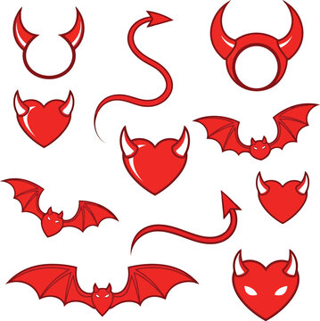 Red devil heart symbols, bats, horns and tail isolated icons set