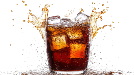 Cola splash with ice cubes isolated on a transparent background