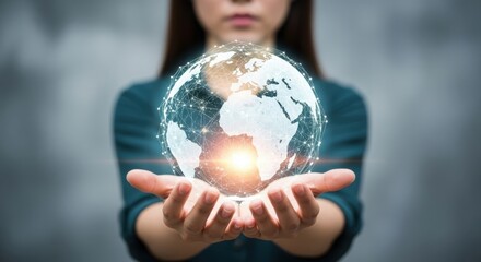 Global technology innovation person holding digital earth data insights