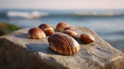 A collection of brown ribbed seashells rests on a textured rock at the ocean s edge under soft daylight