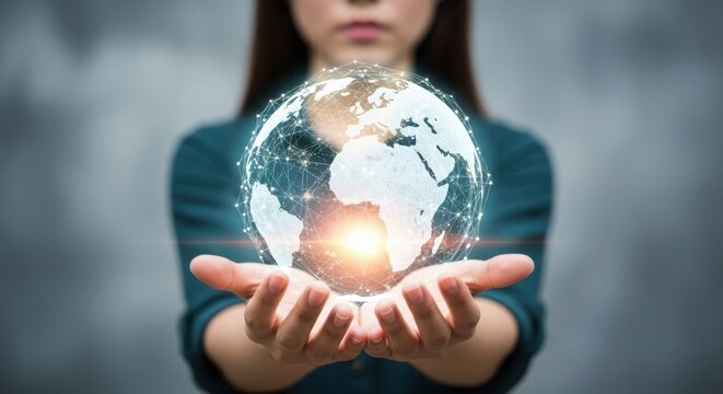 Global technology innovation person holding digital earth data insights