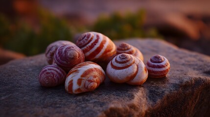 A collection of small striped snail shells resting on a textured rock surface at dusk