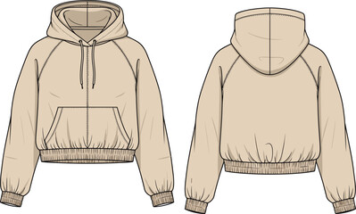Cropped beige hoodie technical flat sketch front and back view with drawstring hood, raglan sleeves, kangaroo pocket, ribbed cuffs