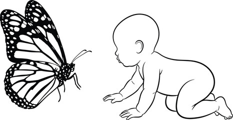 Curious baby crawling toward butterfly in nature, black and white line art illustration for childhood, innocence, exploration, and discovery themes.