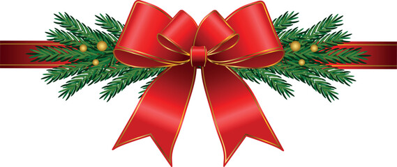 Christmas decor with a red bow and fir branches isolated on a white or transparent background