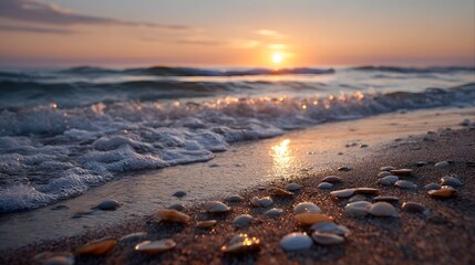 Gentle ocean waves caress a sandy beach scattered with seashells during a serene sunset or sunrise