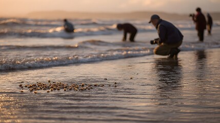 Figures gather on a beach during golden hour observing the shallow sea and small objects washed ashore