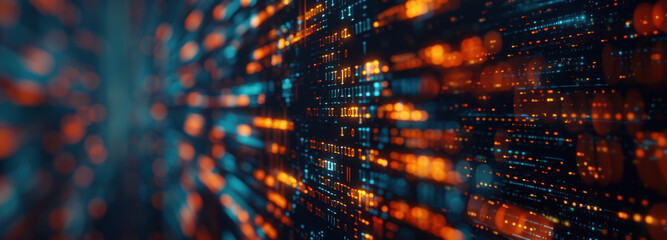 Digital Data Matrix: An abstract and visually captivating composition of a digital data matrix, awash in vibrant blue and orange hues, representing the intricate network of information flow, code.