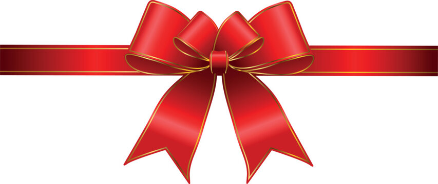 Vector decorative shiny gift red ribbon with tied bow, design element isolated on white background	
