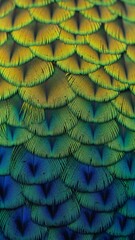 Close up view of iridescent green and blue peacock feather pattern with natural gradient for vibrant vertical background and texture