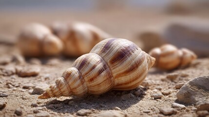Detailed ro shot of a spiral seashell with brown bands on sandy ground under bright midday sun