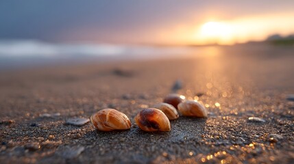 Fototapeta premium Close up of seashells scattered on a sandy beach during a vibrant sunset with gentle waves in the background