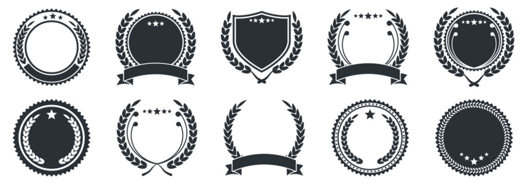 Laurel wreath and award badge collection in black silhouette style. Elegant templates for certificates, achievements, and branding