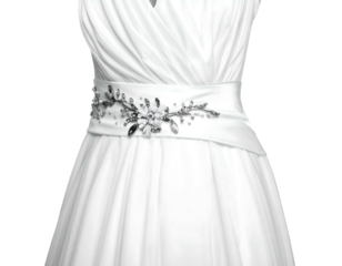 Draped, white dress with a rhinestone belt, sleeveless, and a plunging V-neckline, flowing fabric, elegant and beautiful