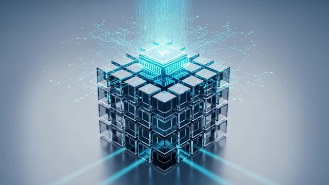 Explore a 3D cube that emits light and water in a digital art display at night