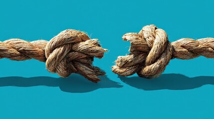 Torn Rope with Knots on Turquoise Background Showing Division and Conflict