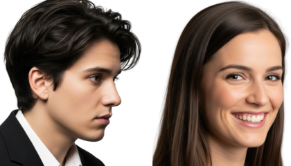 Profile Portraits Of A Man In A Suit And A Smiling Woman Isolated On Black Couple Transparent Background Professional Transparent Background