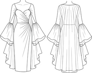 Elegant asymmetrical fashion dress with ruffled sleeves, pleated back, sweetheart neckline, draped bodice, and layered flowing skirt design