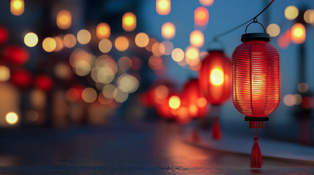 Traditional chinese red lanterns hanging in the streets for festival and New Year celebration.