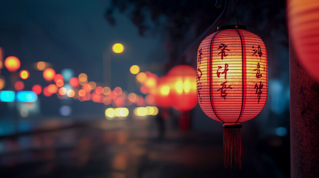 Traditional chinese red lanterns hanging in the streets for festival and New Year celebration.