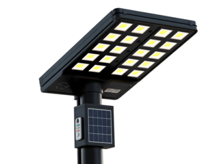 Black solar powered L E D street lamp with white lights