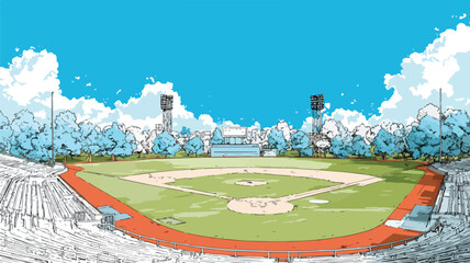 Fototapeta premium Baseball Stadium with Trees and Blue Sky Vector Drawing