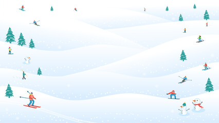 Skiing in winter landscape background vector illustration. Winter sport activity.