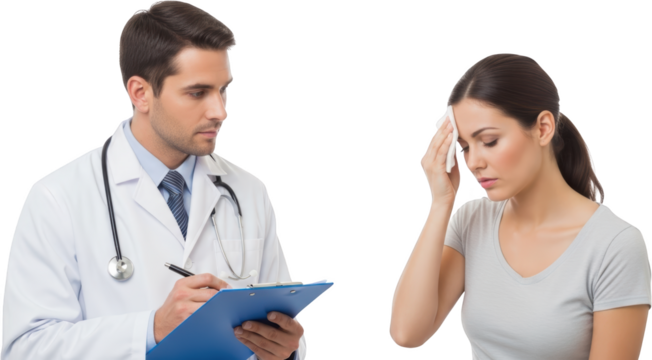 Male doctor with stethoscope writing on clipboard looking at a female patient with a tissue on her forehead isolate