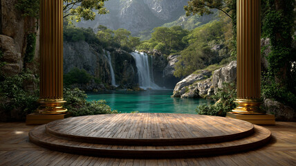 Enchanted waterfall oasis with ancient pillars and stone stage