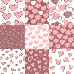 A collection of seamless Valentine's Day patterns. A set of patterns with hand-drawn hearts.