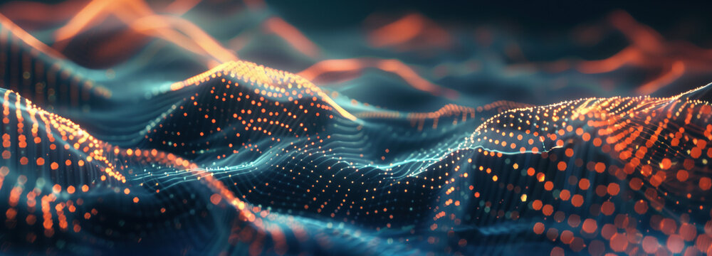 Digital Landscape: An abstract digital landscape with glowing dots and lines, suggesting complex data flow and interconnected networks.