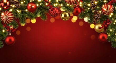Fototapeta premium Festive Christmas background with red and gold baubles, pine branches, fairy lights, and copy space