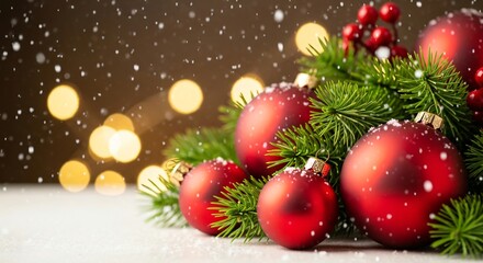 Obraz premium Festive Christmas background with red ornaments, pine branches, berries and snow, glowing bokeh lights