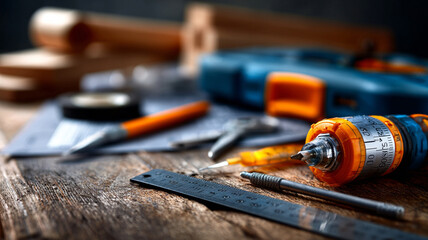 Close up of power drill and hand tools on a wooden workbench