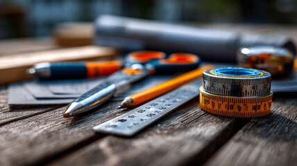 Close up of woodworking tools on a rustic wooden surface