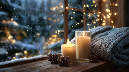 Cozy christmas window scene with candles and twinkling lights