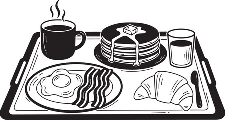 Classic breakfast tray with pancakes coffee eggs and bacon vector illustration