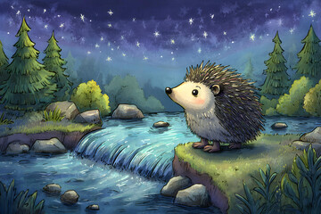 Charming Hedgehog by a Tranquil River Scene at Night