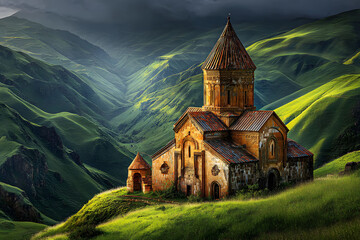 Ancient Church Amidst Verdant Mountain Landscape