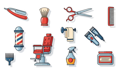 Flat vector illustration of barber shop tools and equipment for hair cutting design