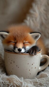 Mini-Fuchs schl&auml;ft in einer Kaffeetasse