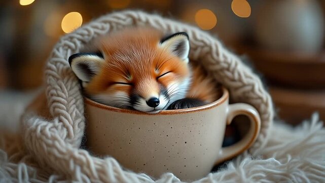 Mini-Fuchs schl&auml;ft in einer Kaffeetasse