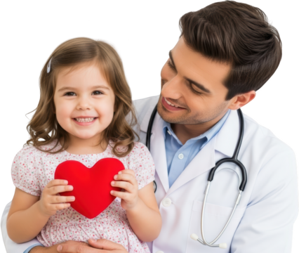 Doctor with young girl holding red heart smiling medical care health family wellbeing child stethoscope transparent background